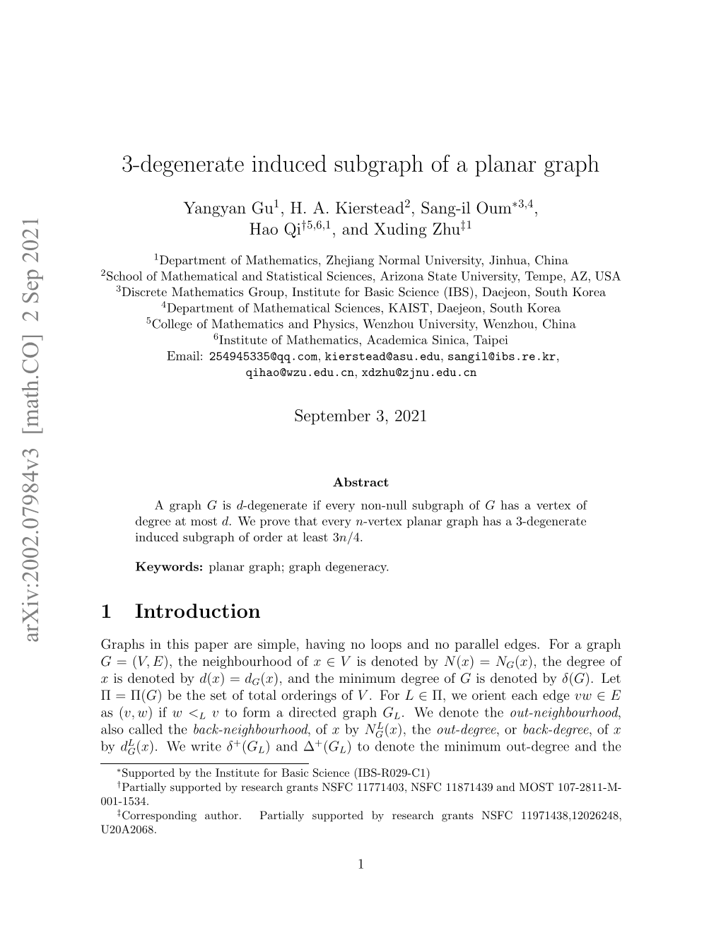 3-Degenerate Induced Subgraph of a Planar Graph