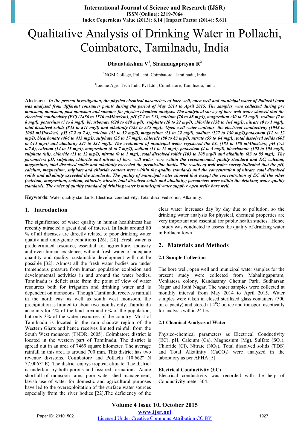 Qualitative Analysis of Drinking Water in Pollachi, Coimbatore, Tamilnadu, India