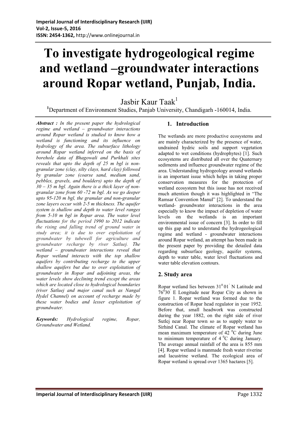 Groundwater Interactions Around Ropar Wetland, Punjab, India