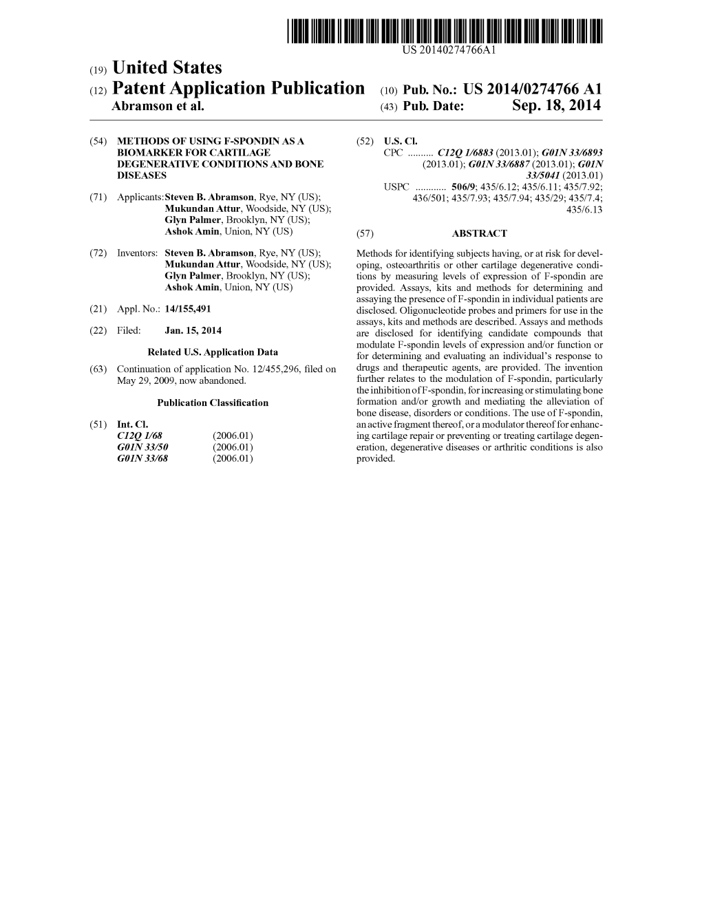 (12) Patent Application Publication (10) Pub. No.: US 2014/0274766A1 Abramson Et Al