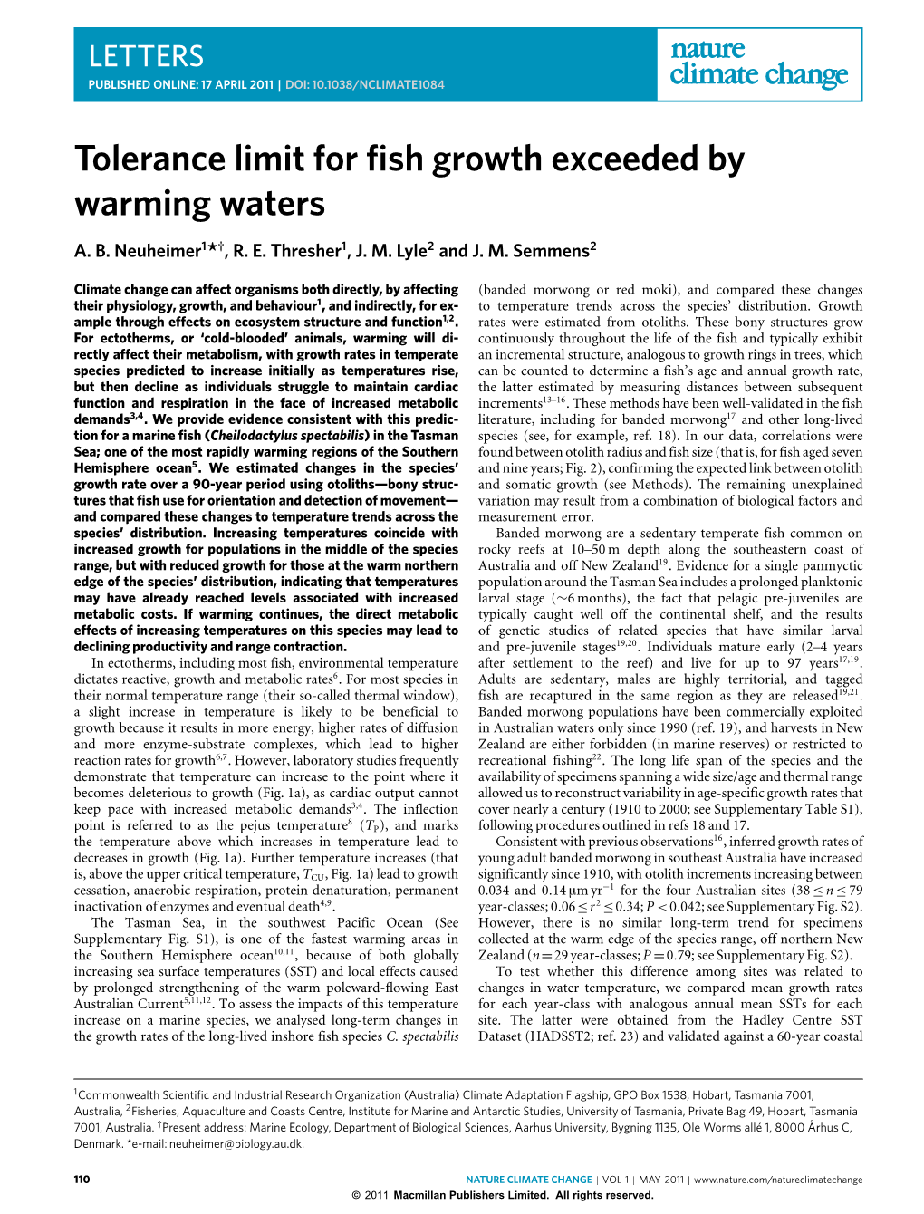 Tolerance Limit for Fish Growth Exceeded by Warming Waters
