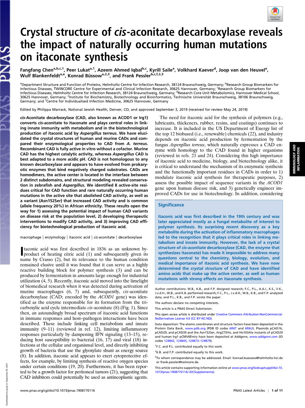 Crystal Structure of Cis-Aconitate Decarboxylase Reveals the Impact of Naturally Occurring Human Mutations on Itaconate Synthesis