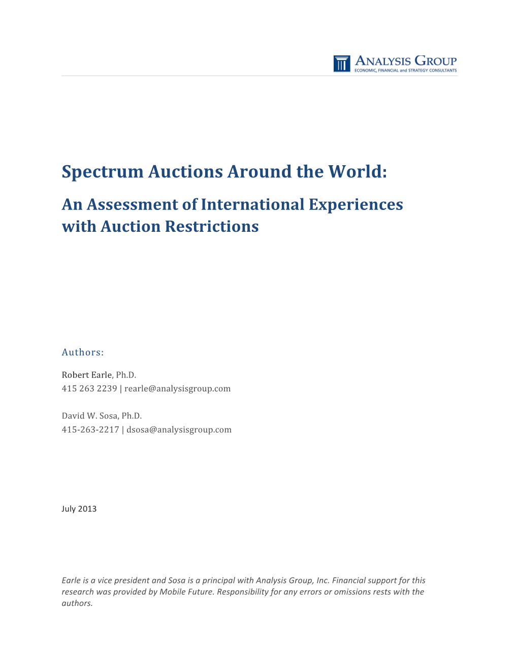 Spectrum Auctions Around the World: an Assessment of International Experiences with Auction Restrictions
