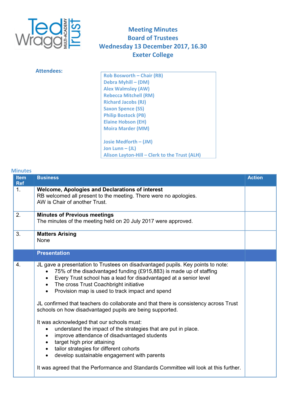 Meeting Minutes Board of Trustees Wednesday 13 December 2017, 16.30 Exeter College