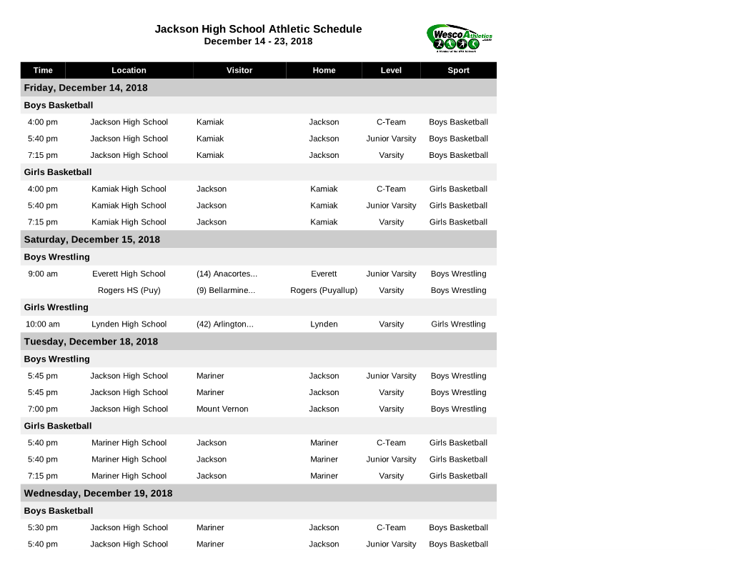 Jackson High School Athletic Schedule December 14 - 23, 2018