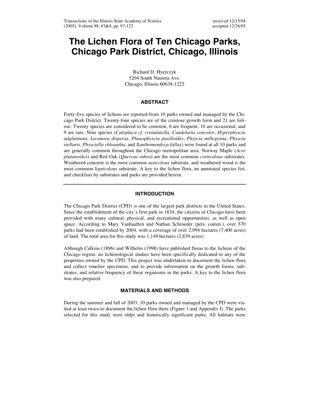 The Lichen Flora of Ten Chicago Parks, Chicago Park District, Chicago, Illinois