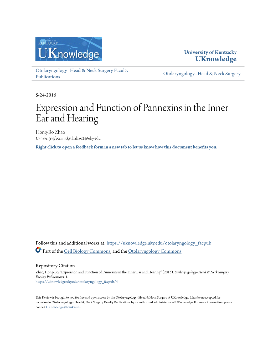 Expression and Function of Pannexins in the Inner Ear and Hearing