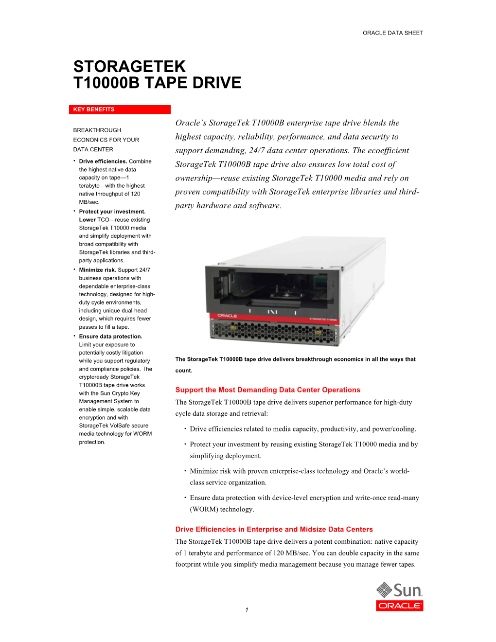 Storagetek T1000B Tape Drive Data Sheet