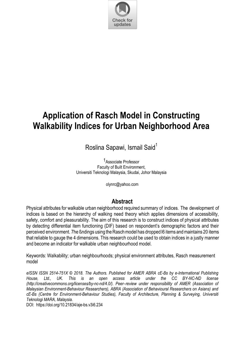Application of Rasch Model in Constructing Walkability Indices for Urban Neighborhood Area