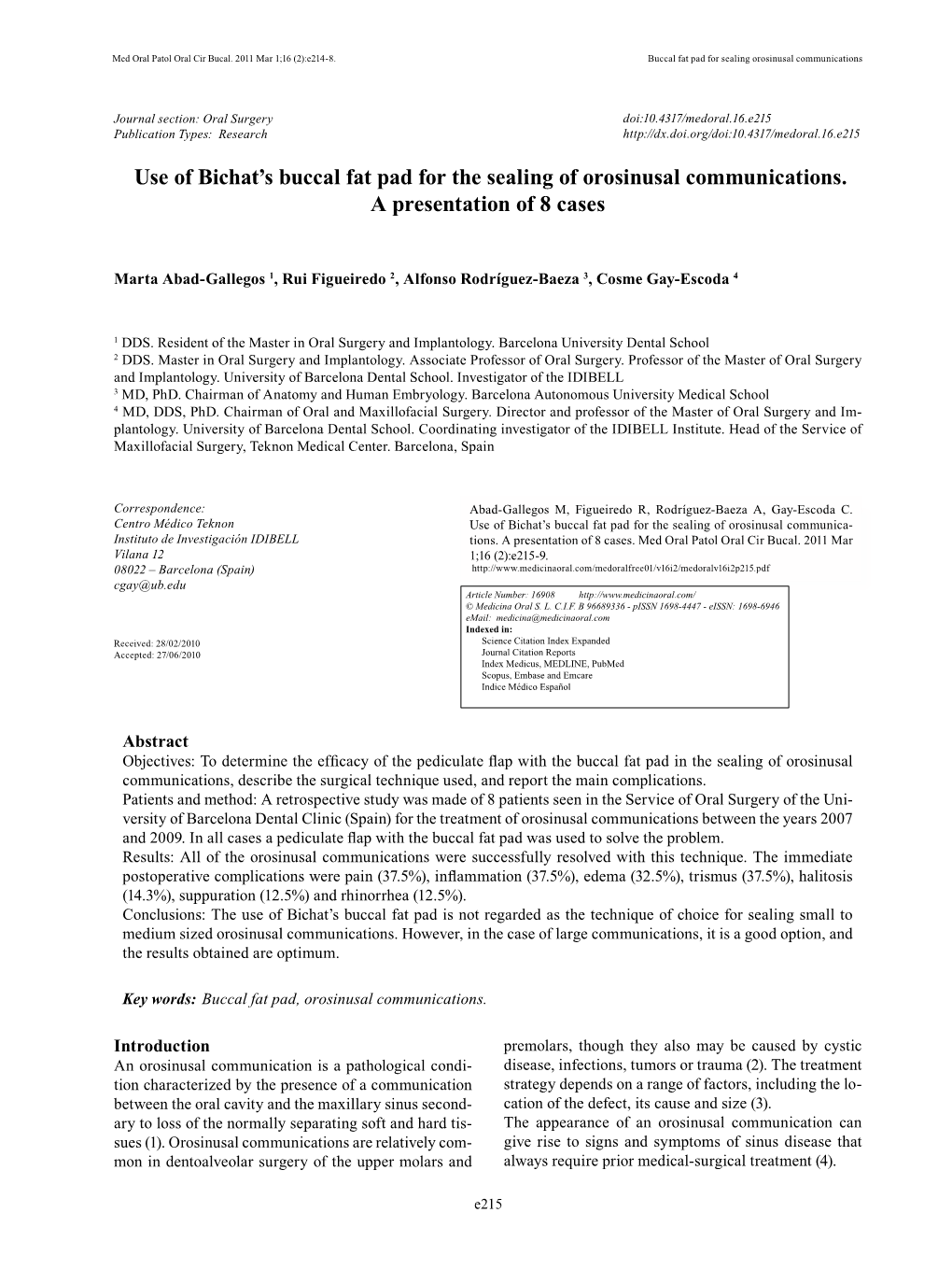 Use of Bichat's Buccal Fat Pad for the Sealing of Orosinusal