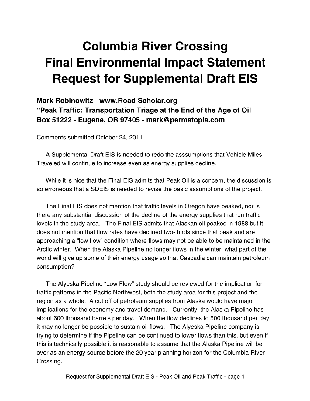 Columbia River Crossing Final Environmental Impact Statement Request for Supplemental Draft EIS
