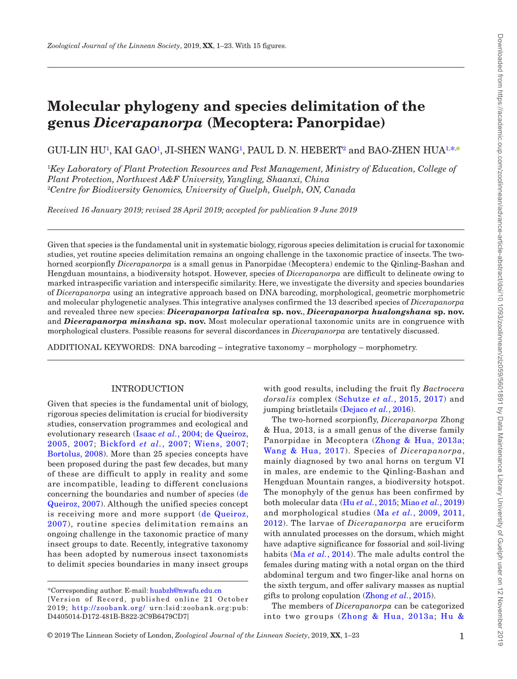 Molecular Phylogeny and Species Delimitation of the Genus Dicerapanorpa (Mecoptera: Panorpidae)