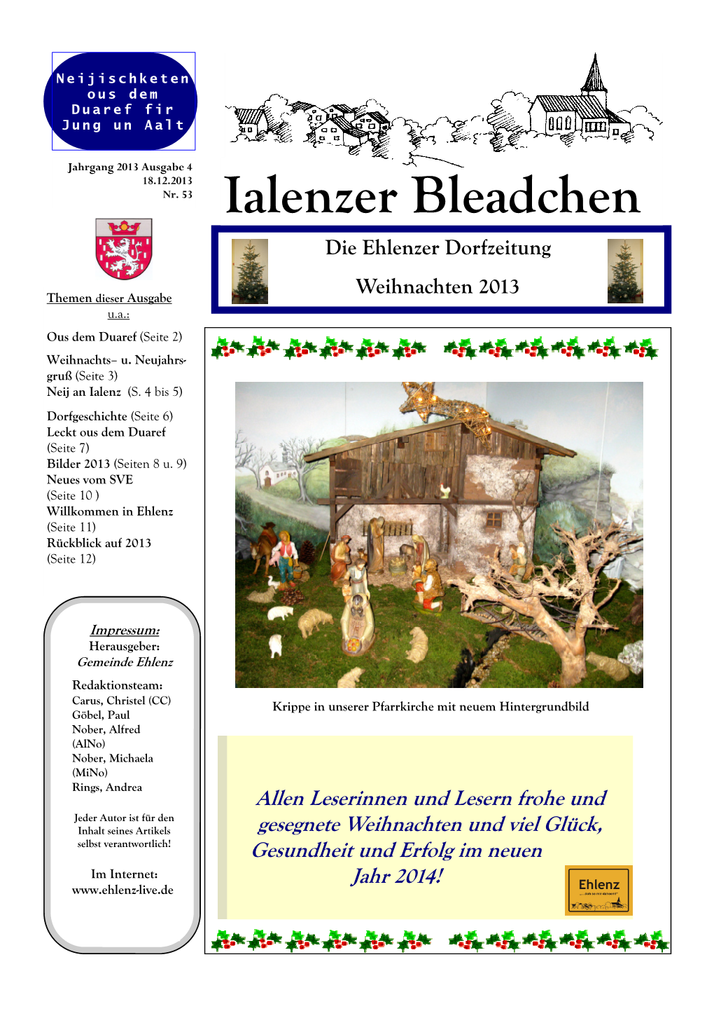 Ialenzer Bleadchen Die Ehlenzer Dorfzeitung Weihnachten 2013 Themen Dieser Ausgabe U.A