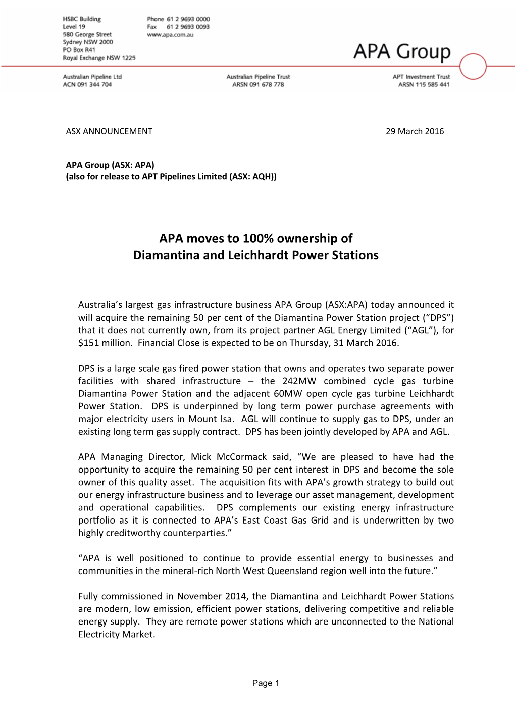 APA Group Letterhead and Follow-On