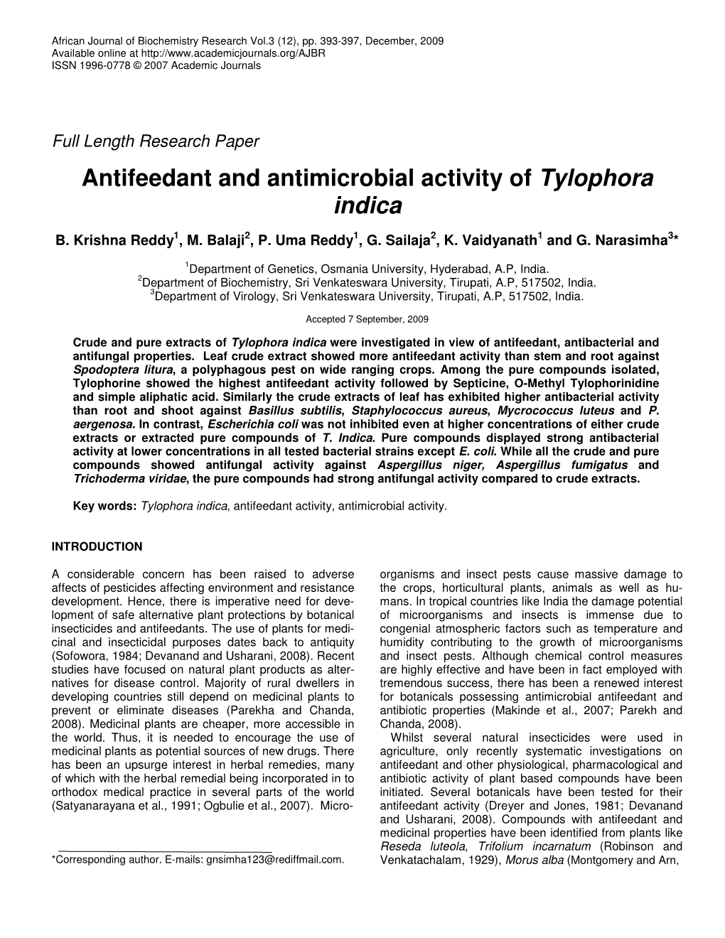 Antifeedant and Antimicrobial Activity of Tylophora Indica