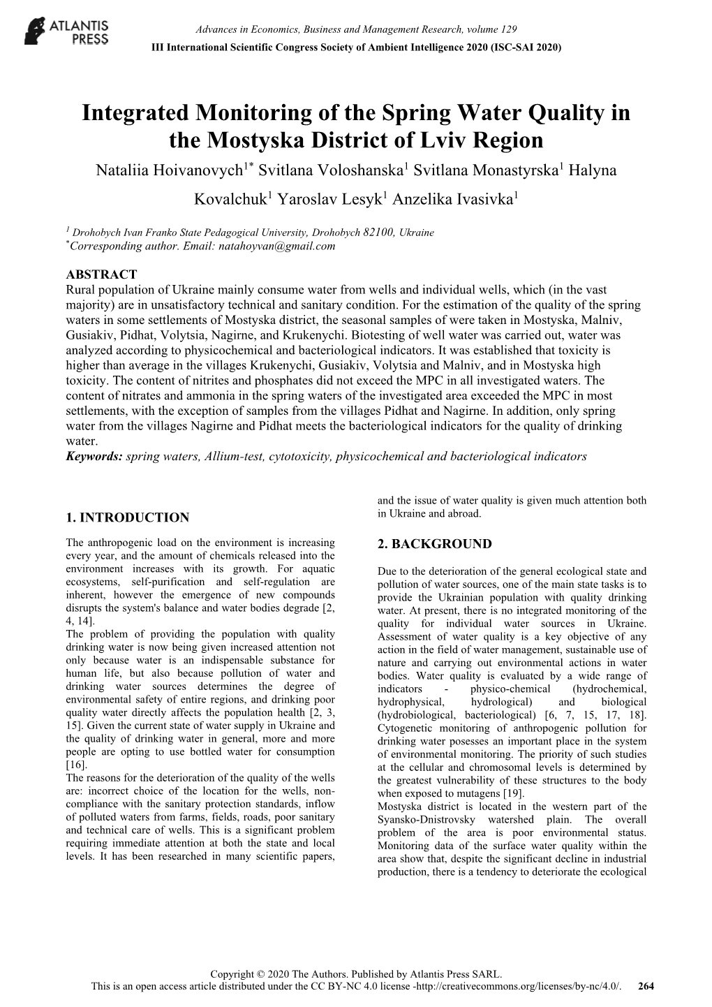 Integrated Monitoring of the Spring Water Quality in the Mostyska