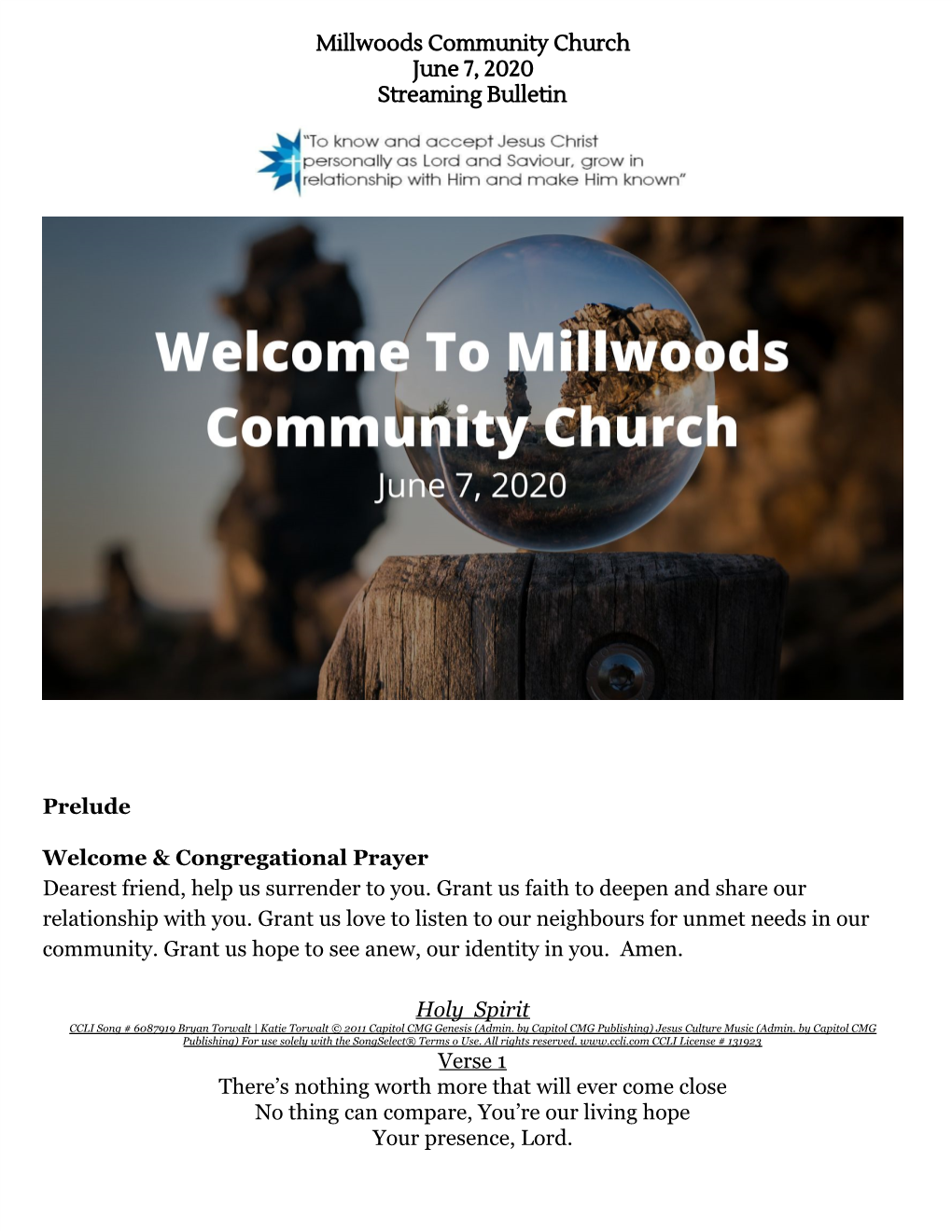 Millwoods Community Church June 7, 2020 Streaming Bulletin Prelude