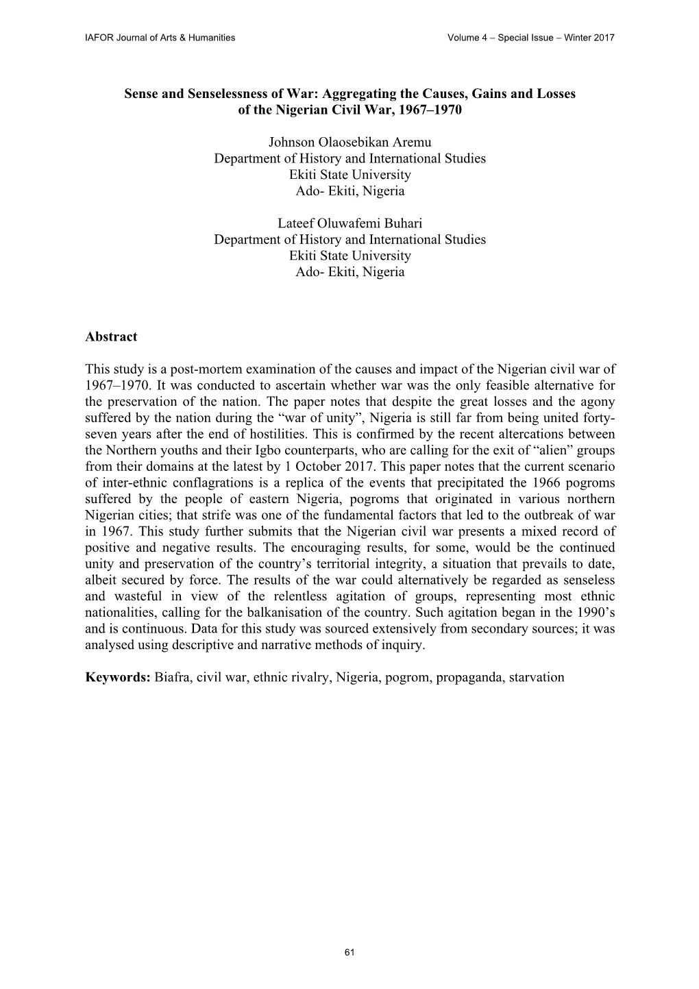 Aggregating the Causes, Gains and Losses of the Nigerian Civil War, 1967–1970