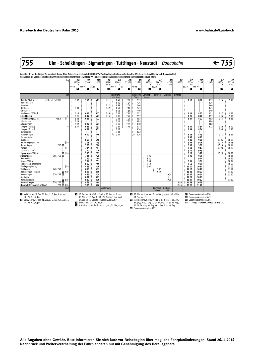 Ulm - Schelklingen - Sigmaringen - Tuttlingen - Neustadt Donaubahn � 755