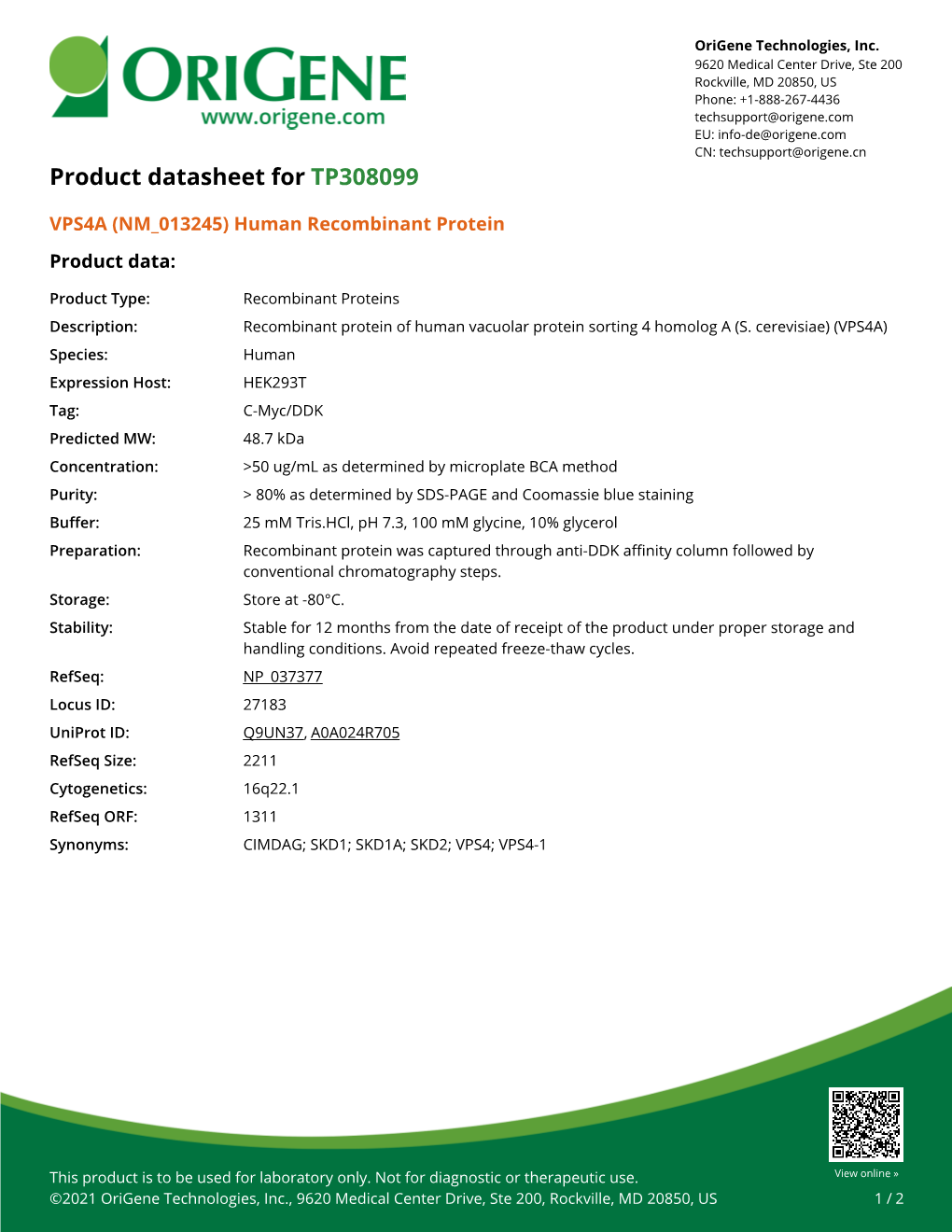 VPS4A (NM 013245) Human Recombinant Protein Product Data