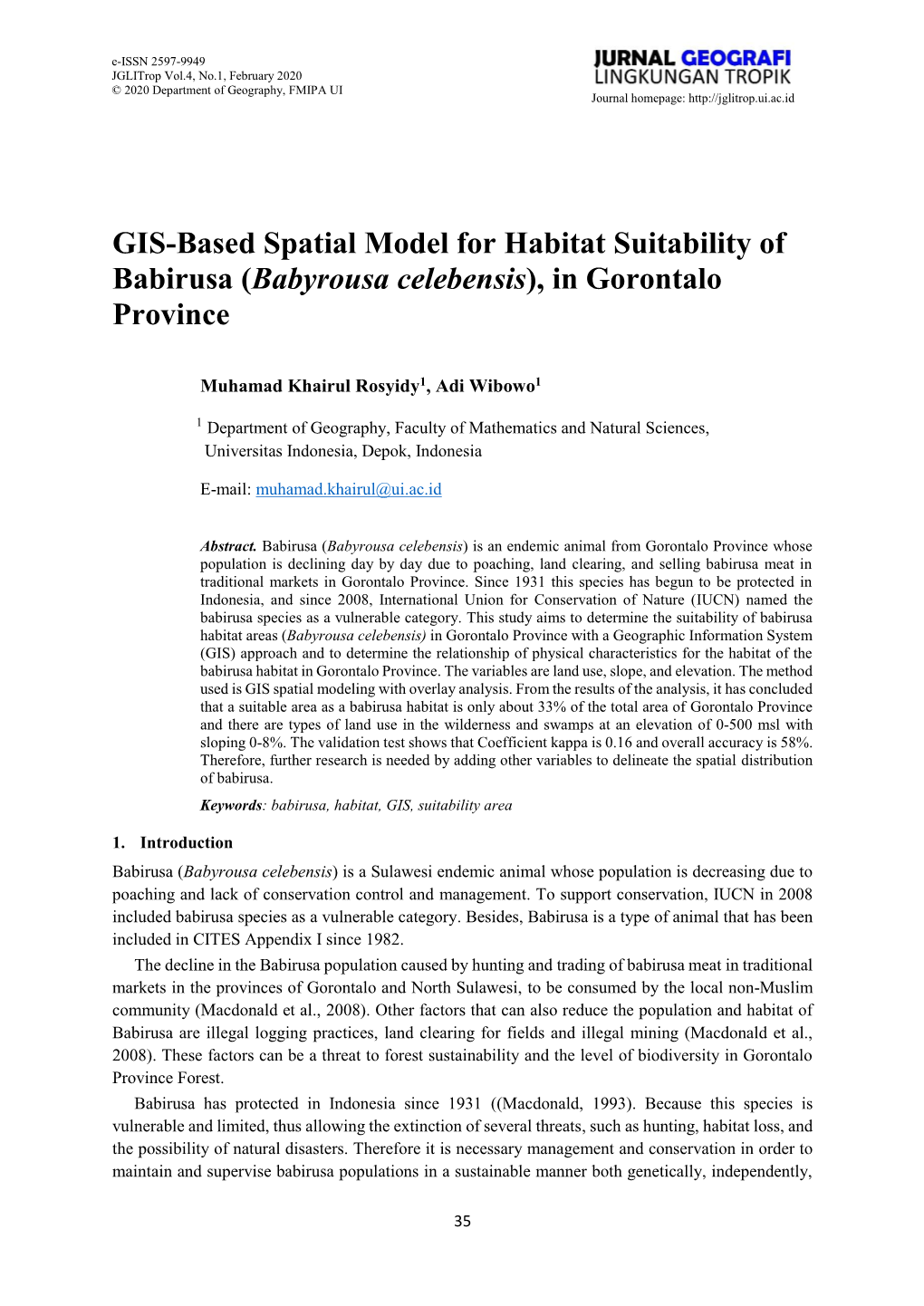 GIS-Based Spatial Model for Habitat Suitability of Babirusa (Babyrousa Celebensis), in Gorontalo Province