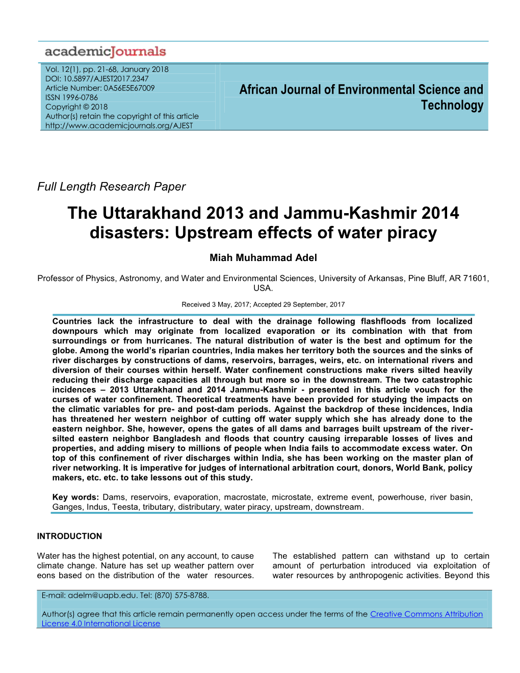 The Uttarakhand 2013 and Jammu-Kashmir 2014 Disasters: Upstream Effects of Water Piracy