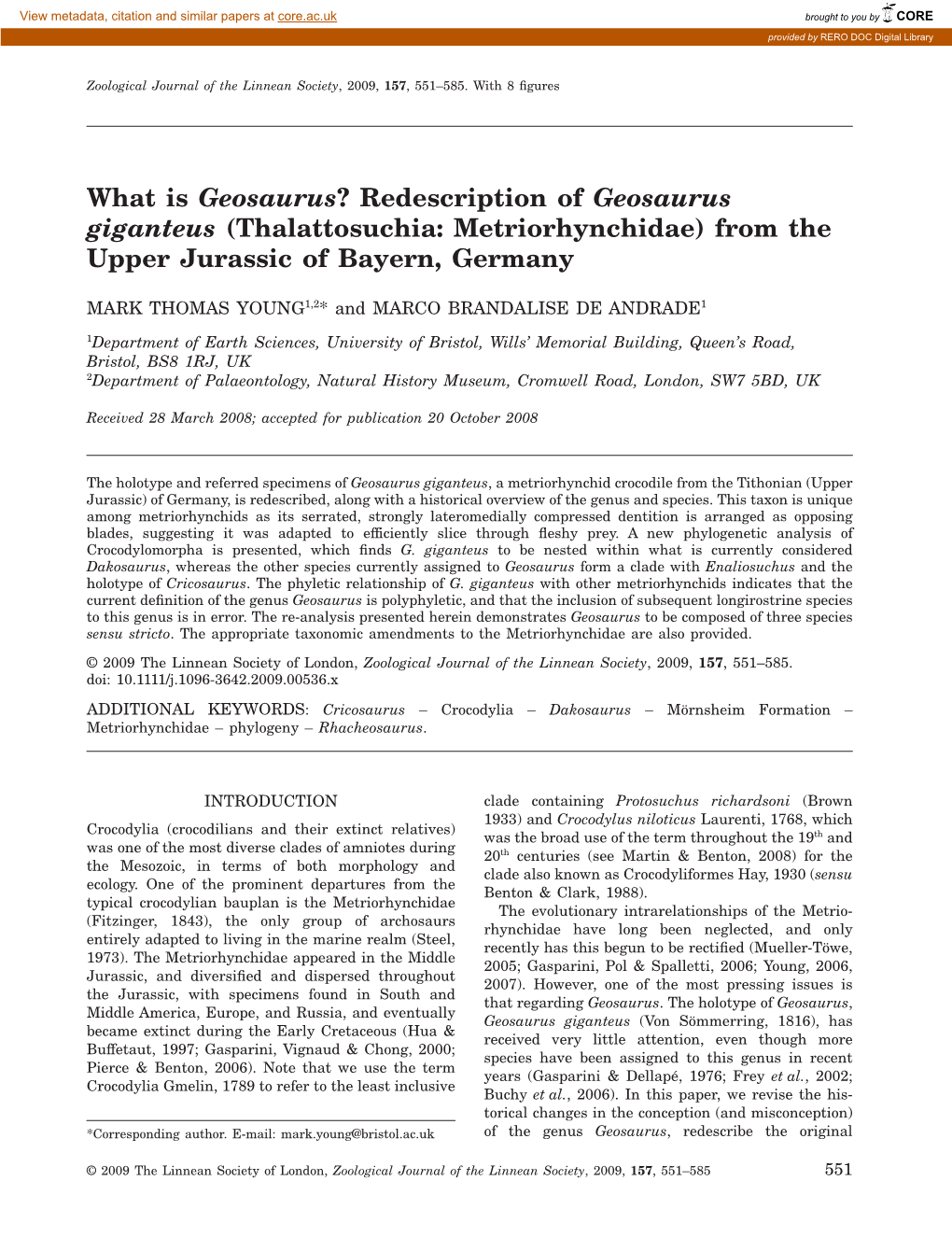 Redescription of Geosaurus Giganteus (Thalattosuchia: Metriorhynchidae) from The