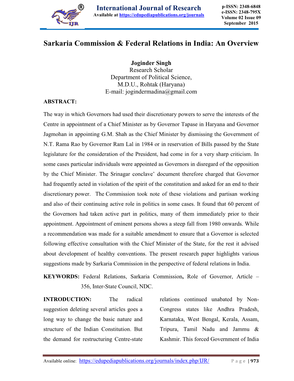 Sarkaria Commission & Federal Relations in India: an Overview