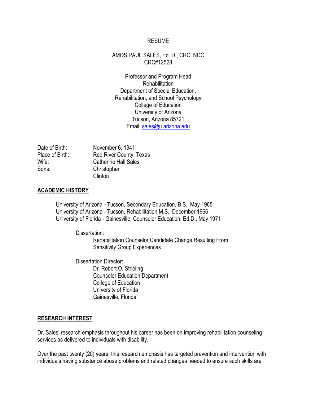 RESUME AMOS PAUL SALES, Ed. D., CRC, NCC CRC#12528