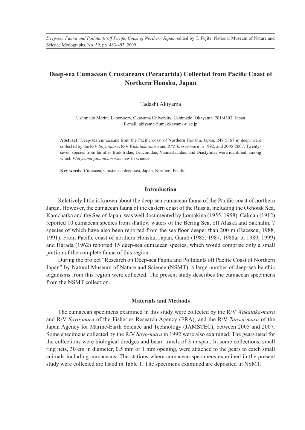 Deep-Sea Cumacean Crustaceans (Peracarida) Collected from Pacific