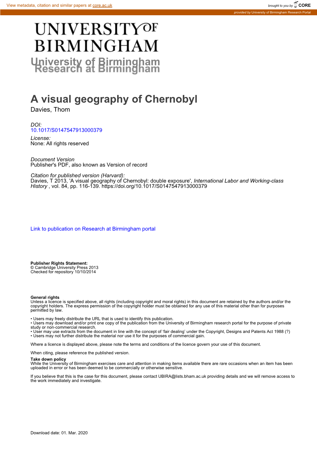 University of Birmingham a Visual Geography of Chernobyl