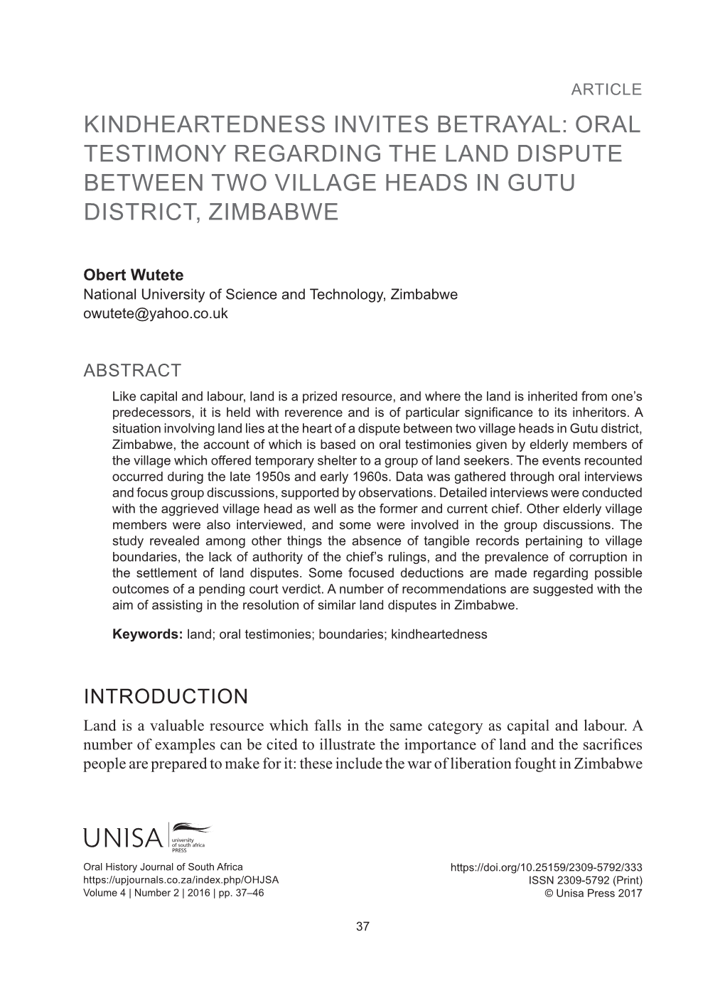 Oral Testimony Regarding the Land Dispute Between Two Village Heads in Gutu District, Zimbabwe