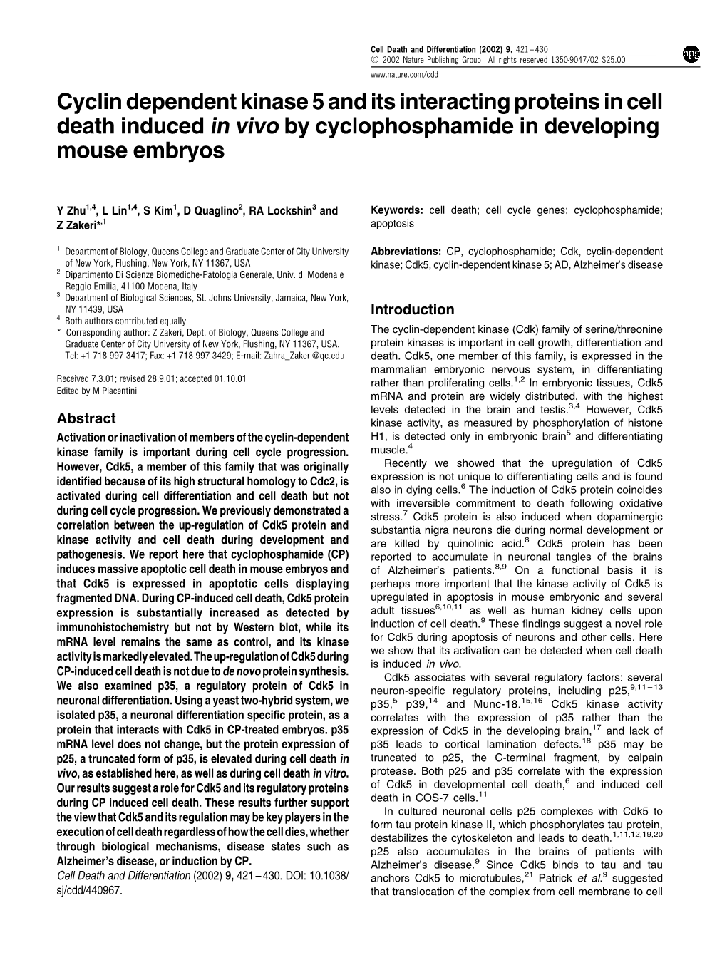 Cyclin Dependent Kinase 5 and Its Interacting Proteins in Cell Death Induced in Vivo by Cyclophosphamide in Developing Mouse Embryos