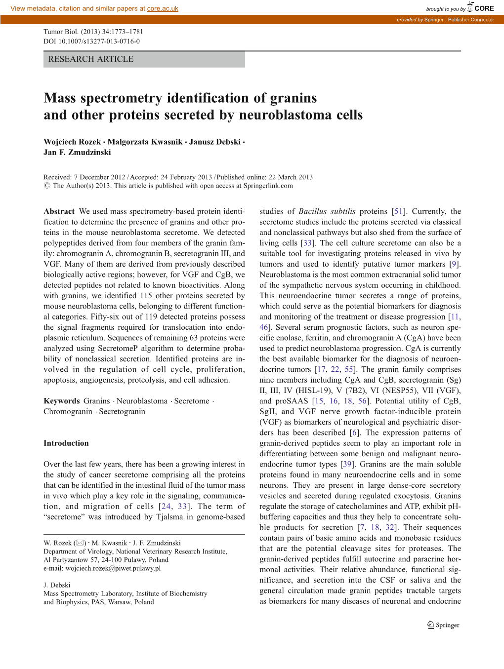 Mass Spectrometry Identification of Granins and Other Proteins Secreted by Neuroblastoma Cells