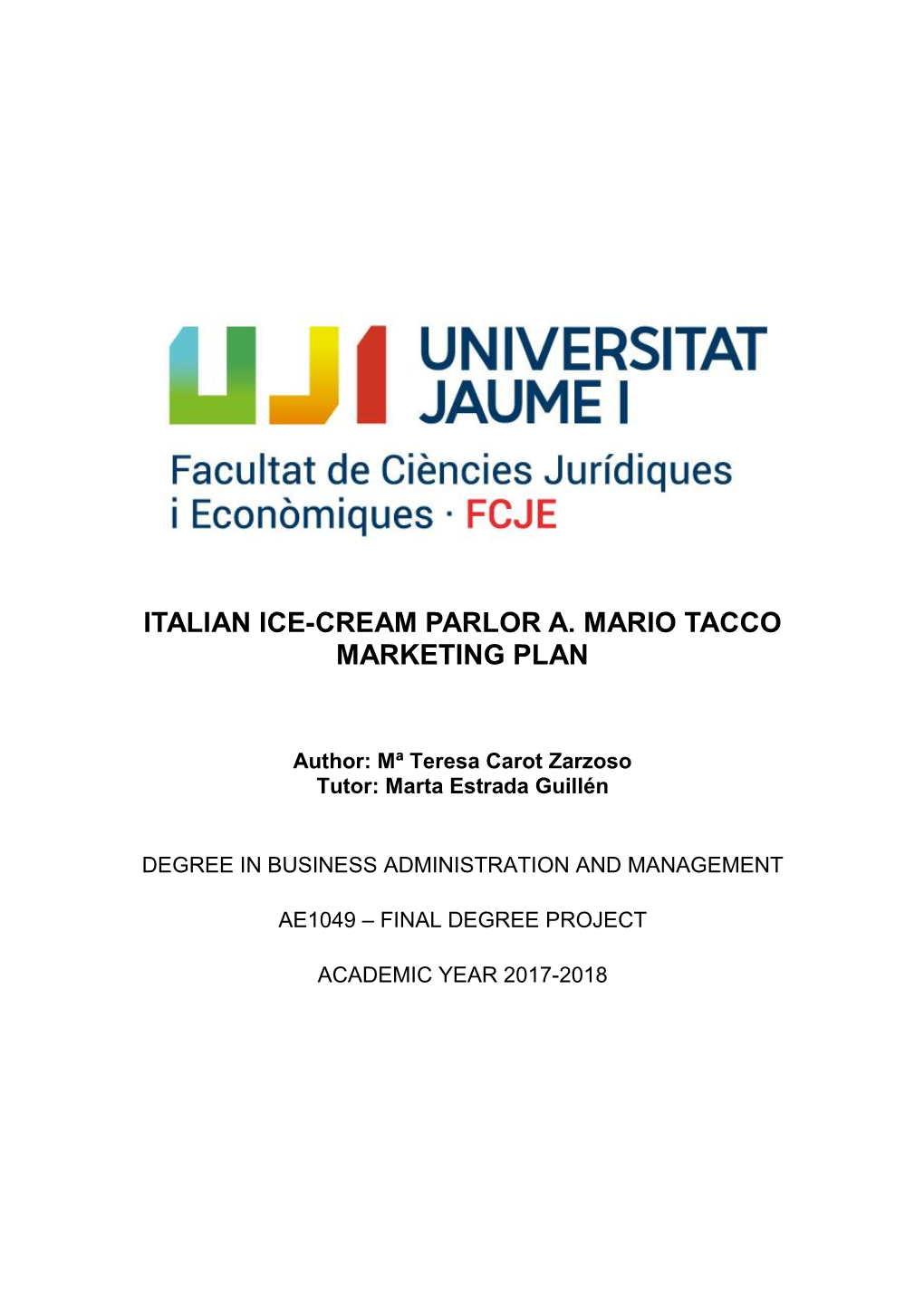 Italian Ice-Cream Parlor A. Mario Tacco Marketing Plan