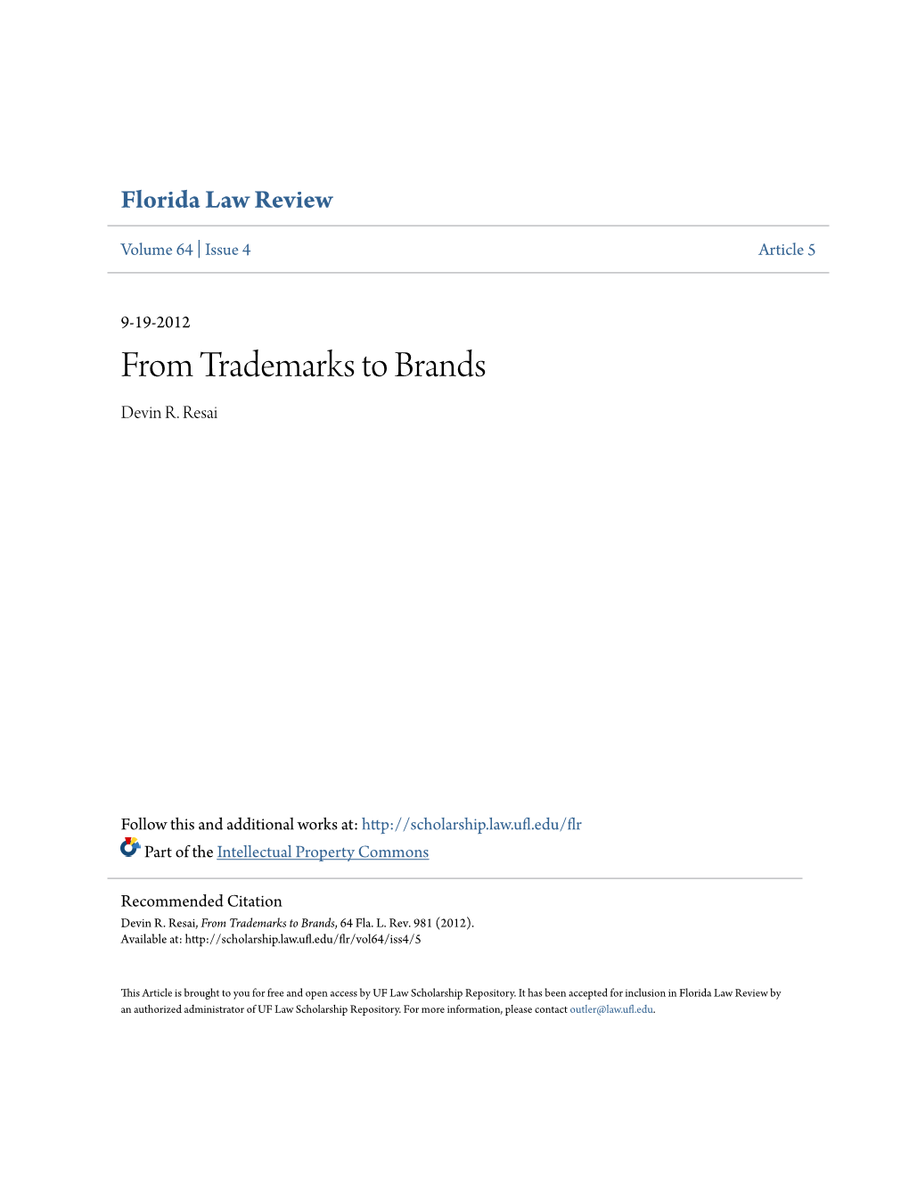 From Trademarks to Brands Devin R