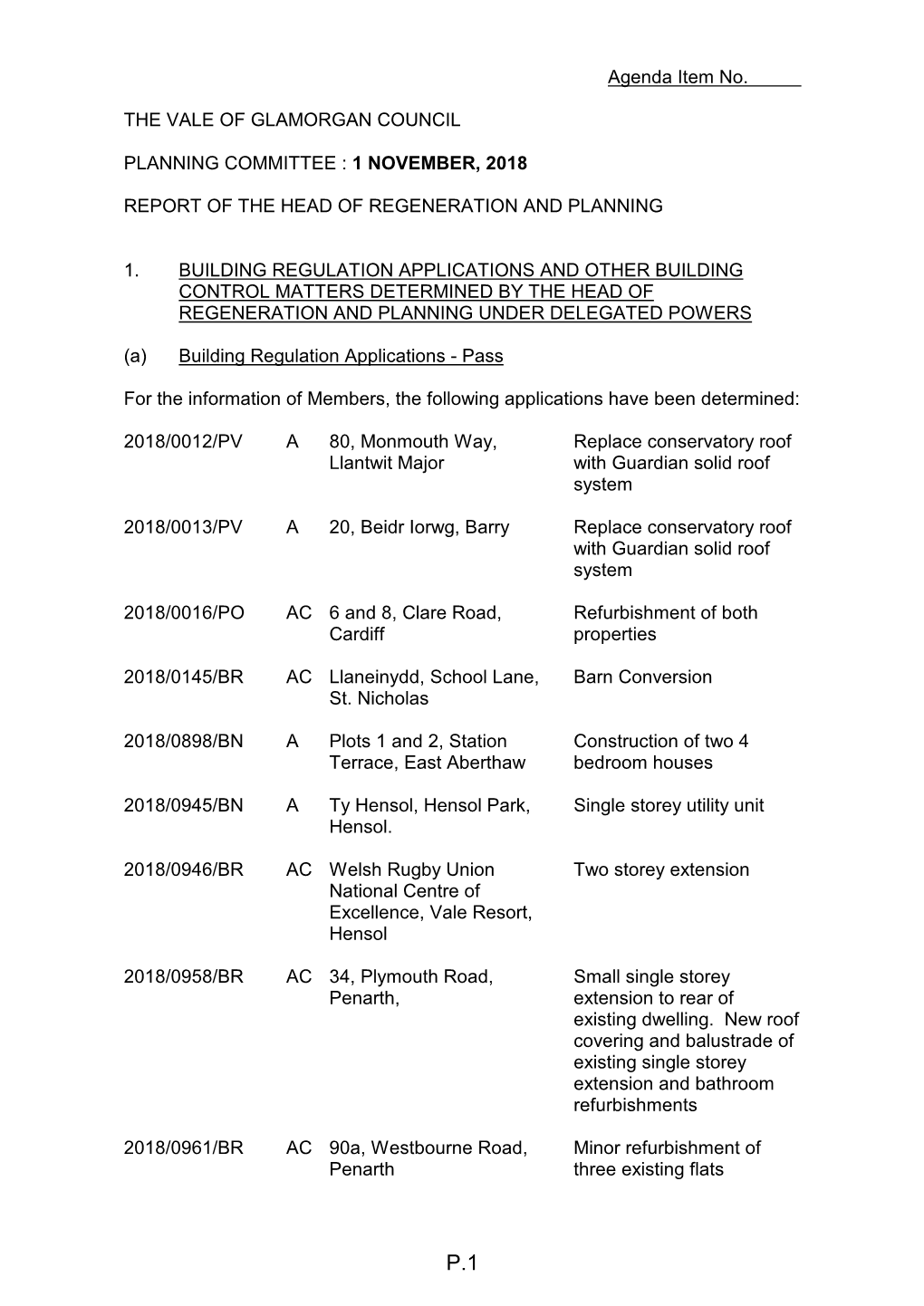 Planning Committee Agenda 01 November 2018