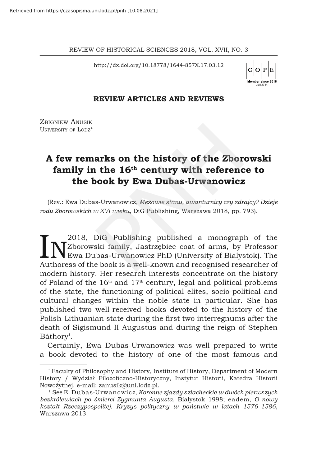 A Few Remarks on the History of the Zborowski Family in the 16Th Century with Reference to the Book by Ewa Dubas-Urwanowicz