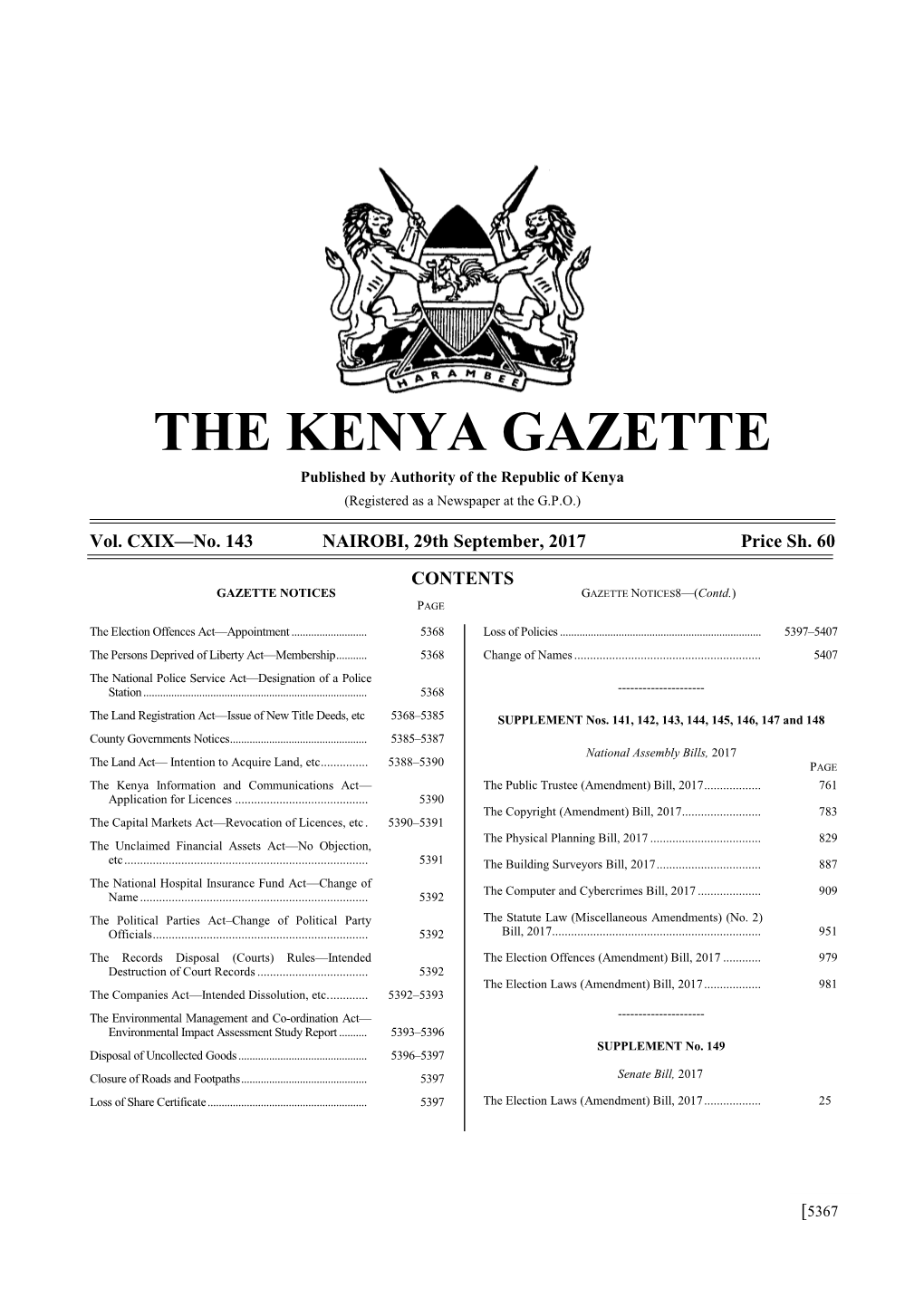 THE KENYA GAZETTE Published by Authority of the Republic of Kenya (Registered As a Newspaper at the G.P.O.)