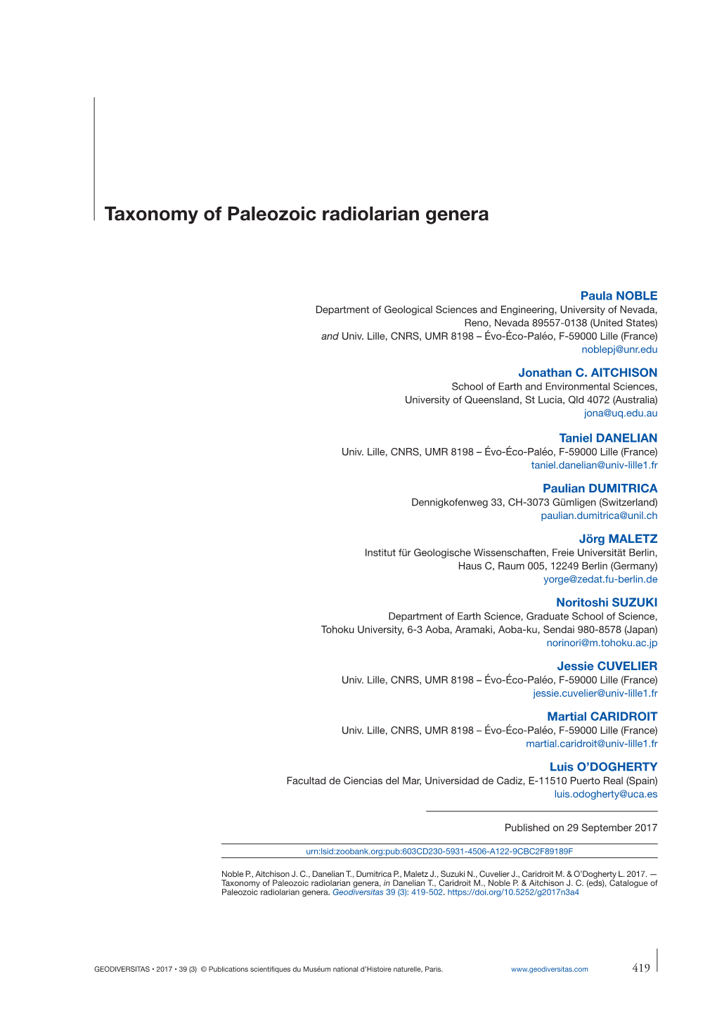 Taxonomy of Paleozoic Radiolarian Genera