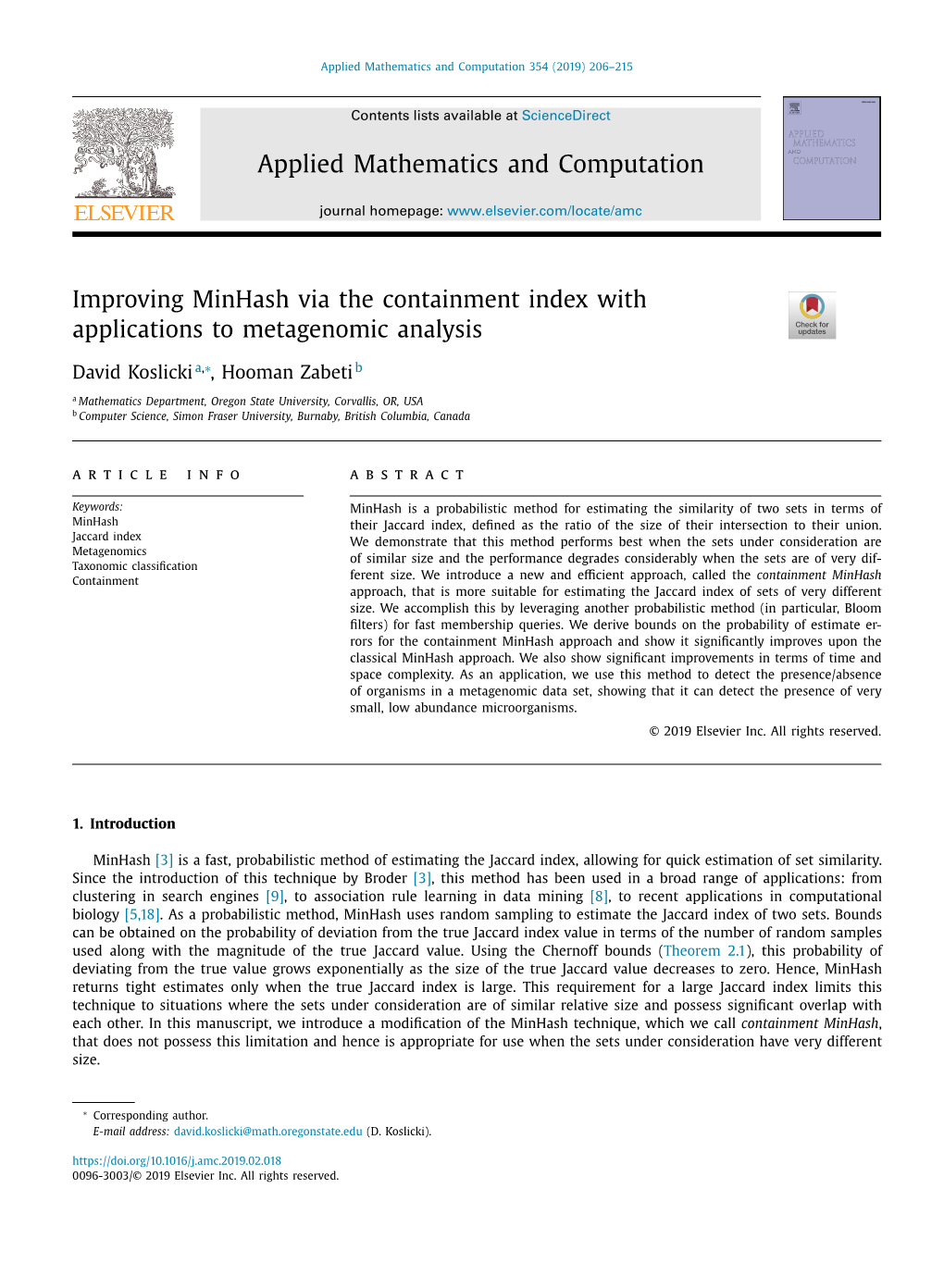 Improving Minhash Via the Containment Index with Applications to Metagenomic Analysis