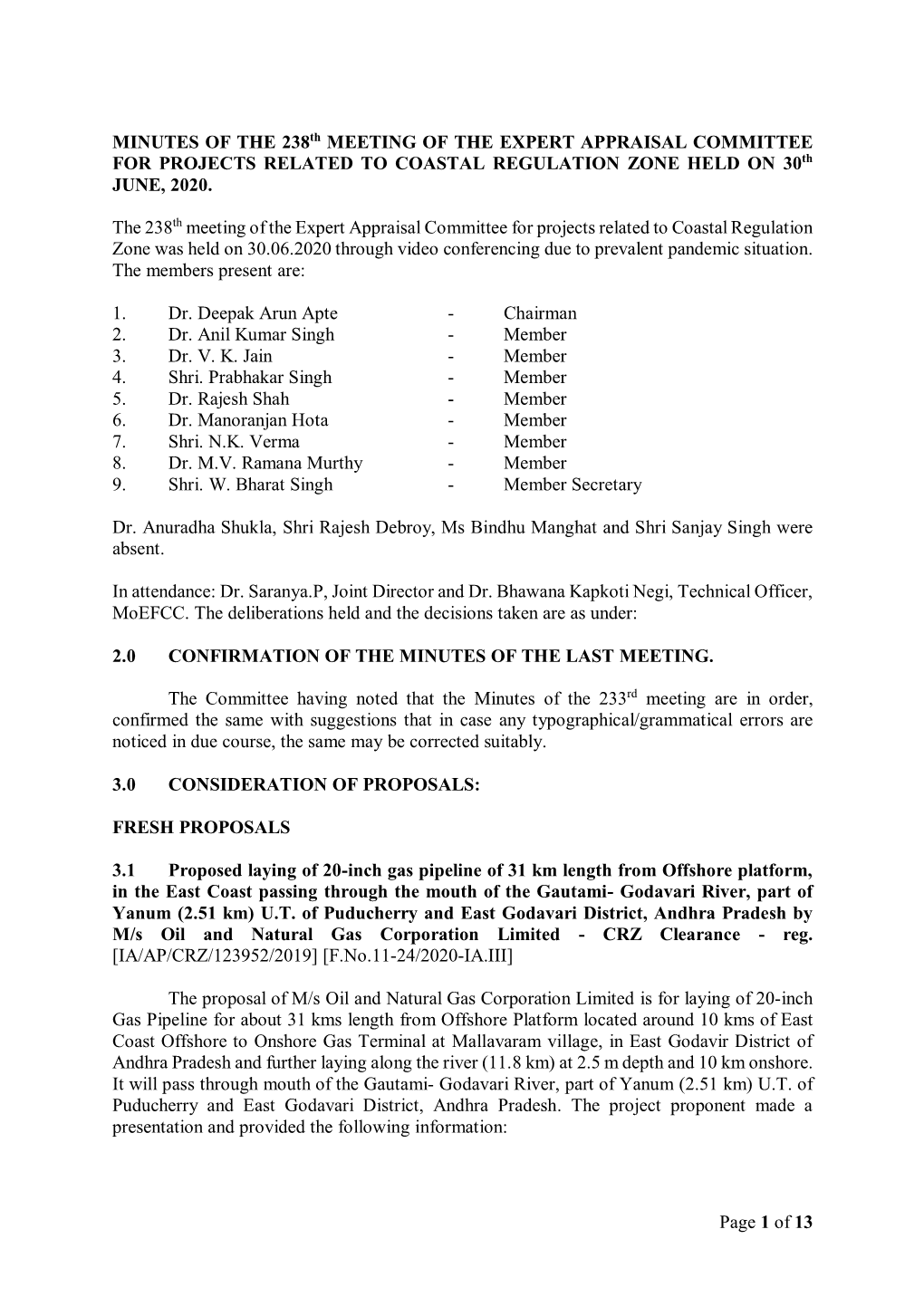 Page 1 of 13 MINUTES of the 238Th MEETING of the EXPERT
