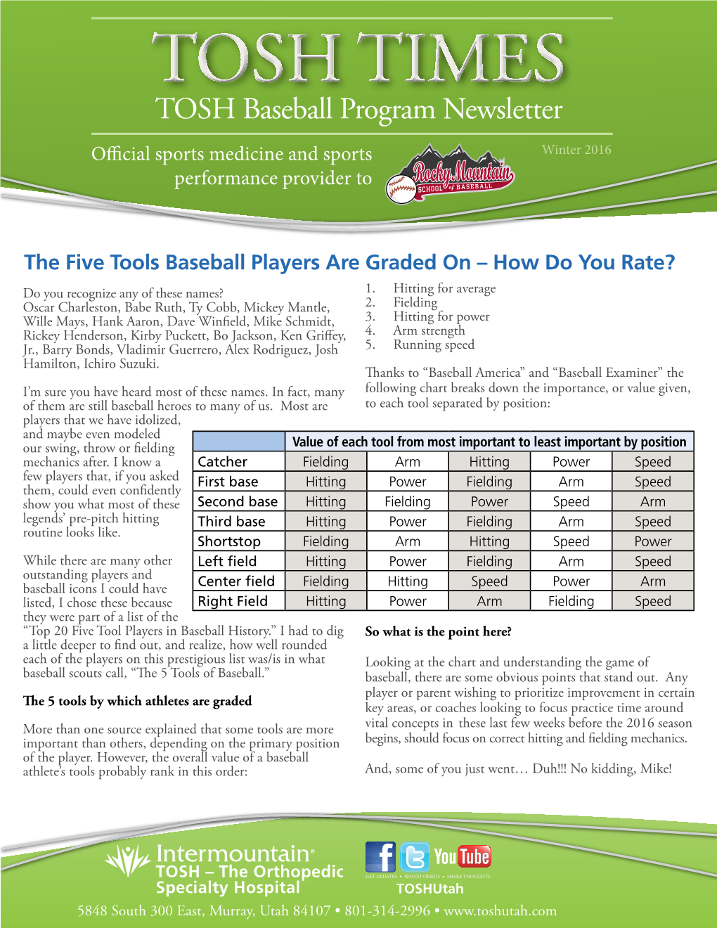 TOSH TIMES TOSH Baseball Program Newsletter Official Sports Medicine and Sports Winter 2016 Performance Provider To