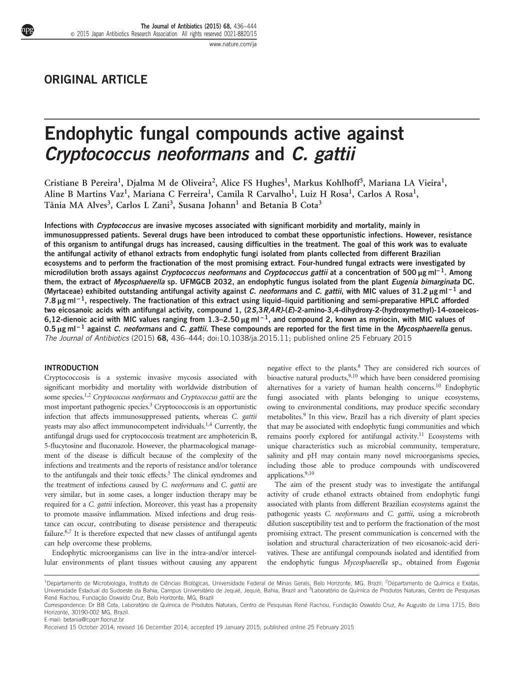 Endophytic Fungal Compounds Active Against Cryptococcus Neoformans and C