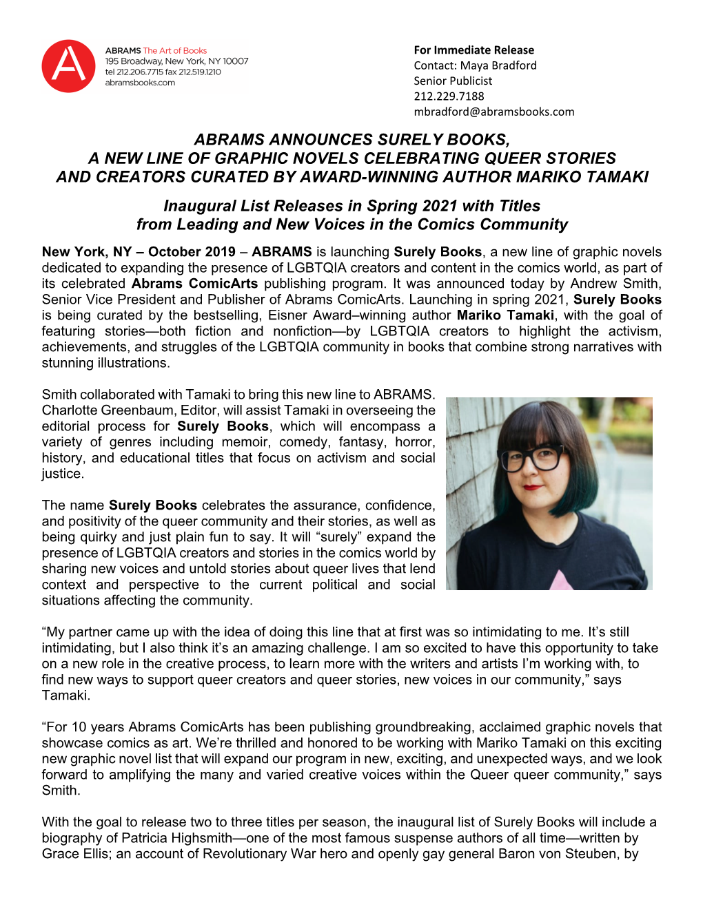 Abrams Announces Surely Books, a New Line of Graphic Novels Celebrating Queer Stories and Creators Curated by Award-Winning Author Mariko Tamaki