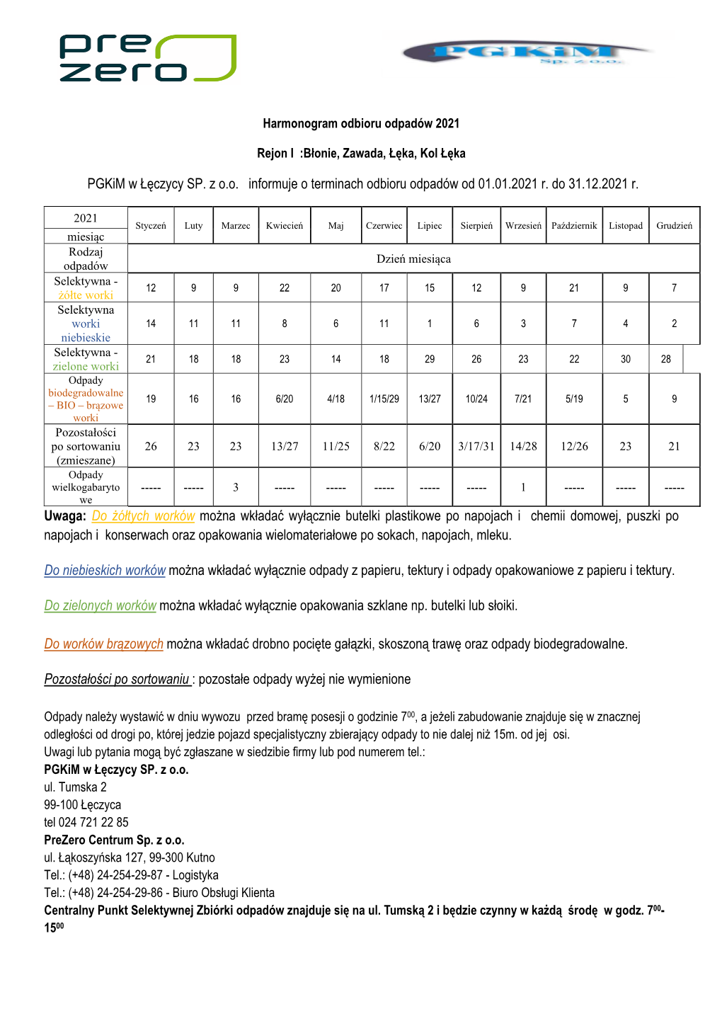 Pgkim W Łęczycy SP. Z O.O. Informuje O Terminach Odbioru Odpadów Od 01.01.2021 R