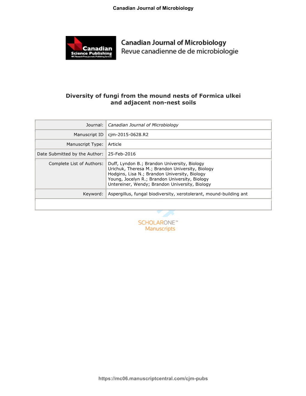 Diversity of Fungi from the Mound Nests of Formica Ulkei and Adjacent Non-Nest Soils