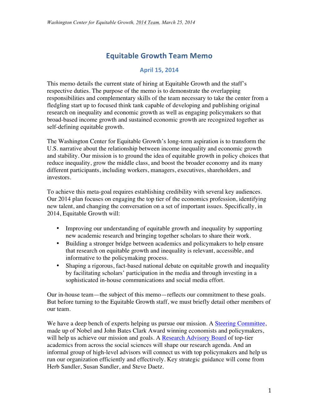 Equitable Growth Team Memo April 15, 2014