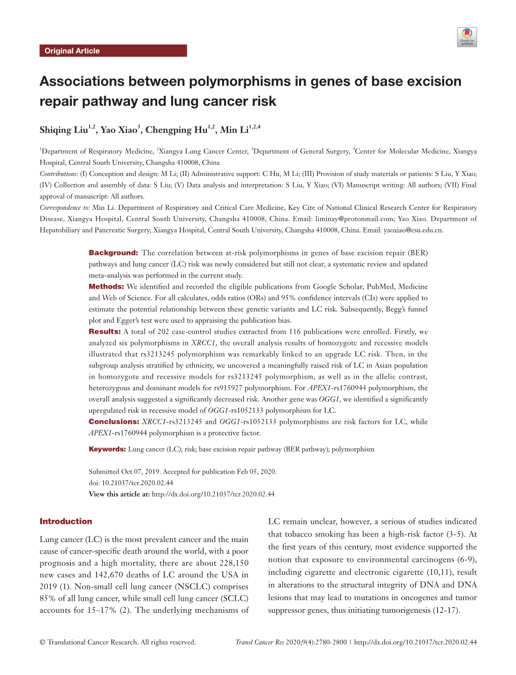 Associations Between Polymorphisms in Genes of Base Excision Repair Pathway and Lung Cancer Risk