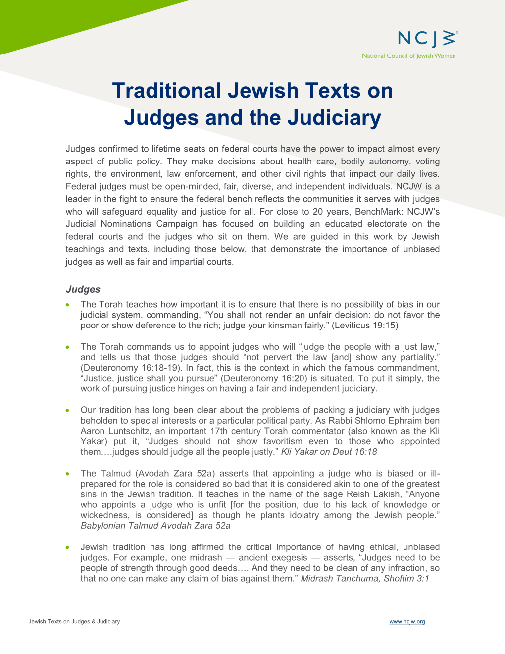 Traditional Jewish Texts on Judges and the Judiciary